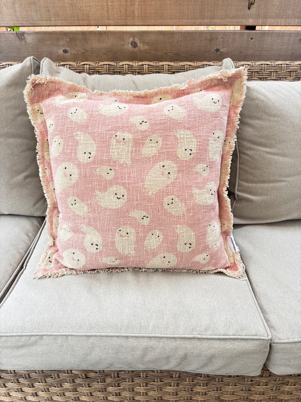 CUPCAKES & CASHMERE Halloween Pink Ghost Throw Pillow Frayed Edges 20 x 20